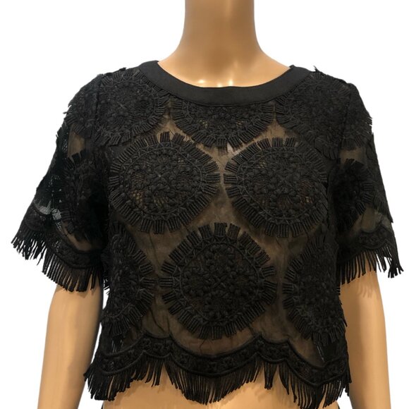 GRACIA Fringed Lace Rosettes Short Sleeves Cropped Black Blouse Size S NEW w Tag - Picture 7 of 7
